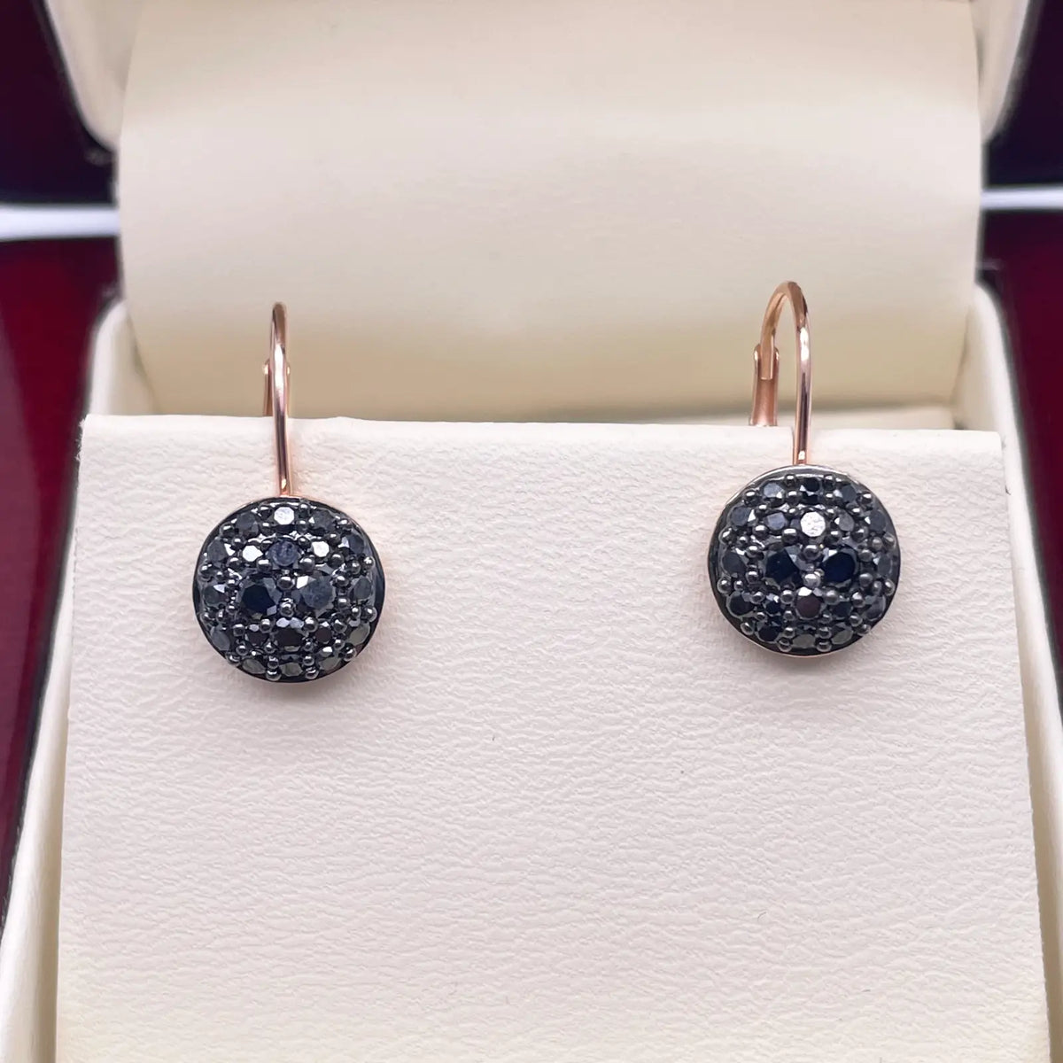 18ct Rose Gold Black Round Diamonds Pair Drop Earrings 0.83ct 