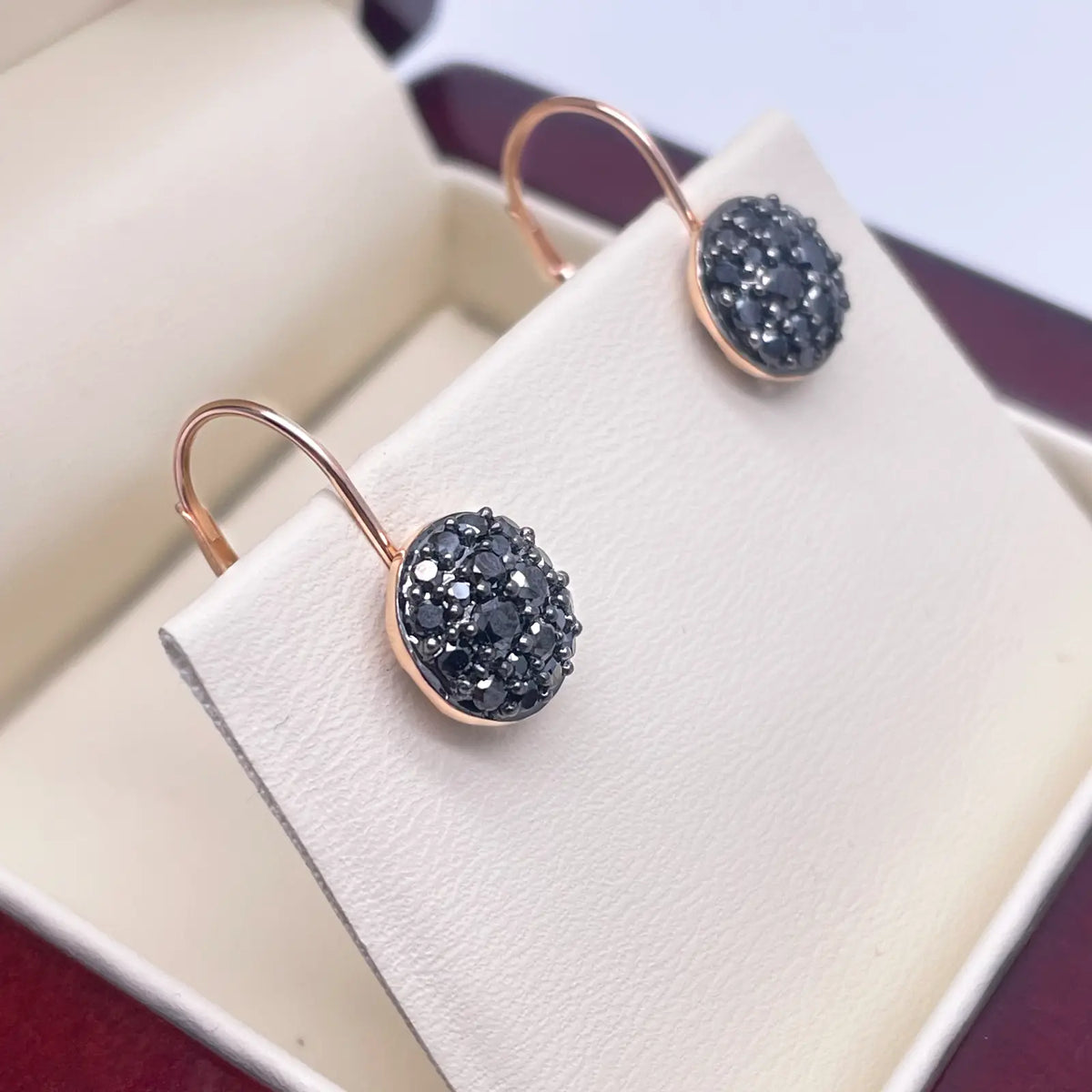 18ct Rose Gold Black Round Diamonds Pair Drop Earrings 0.83ct 