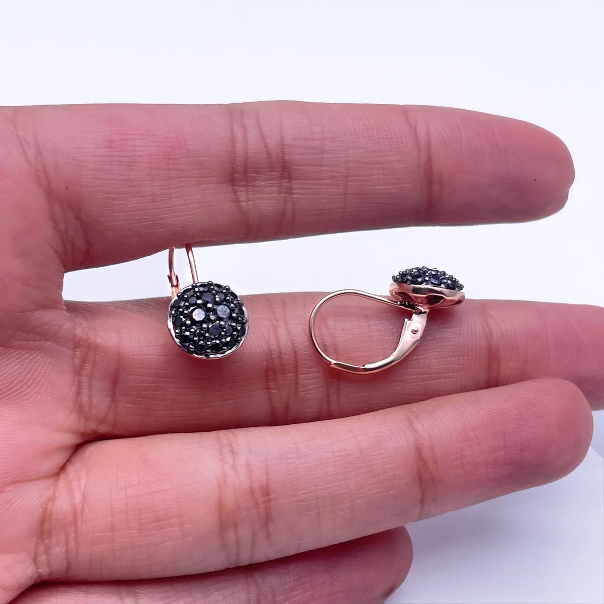 18ct Rose Gold Black Round Diamonds Pair Drop Earrings 0.83ct 