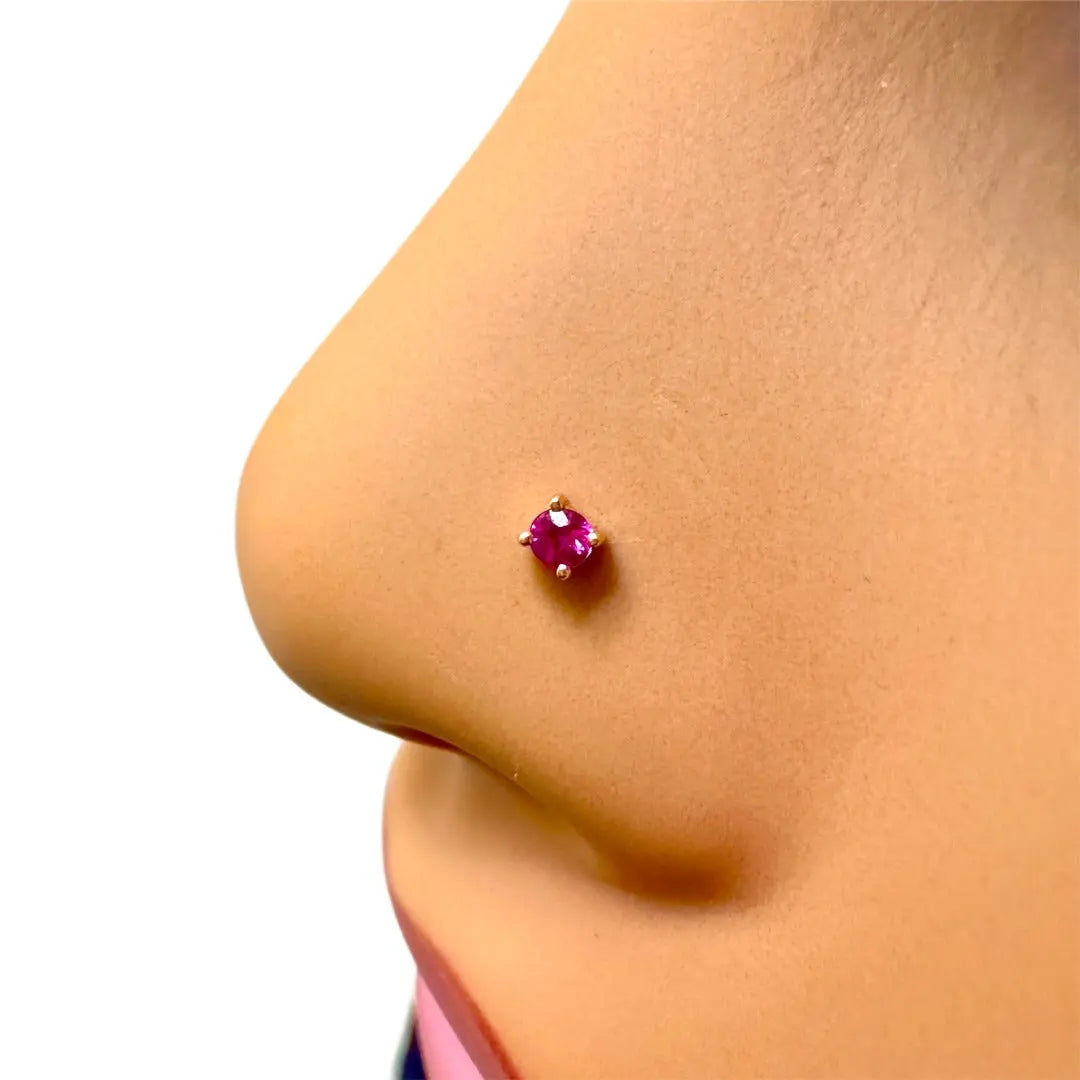 18ct Rose Gold & Natural Ruby Nose Stud / Nose Pin 0.05 Carats 4-Claw 2.0 mm 