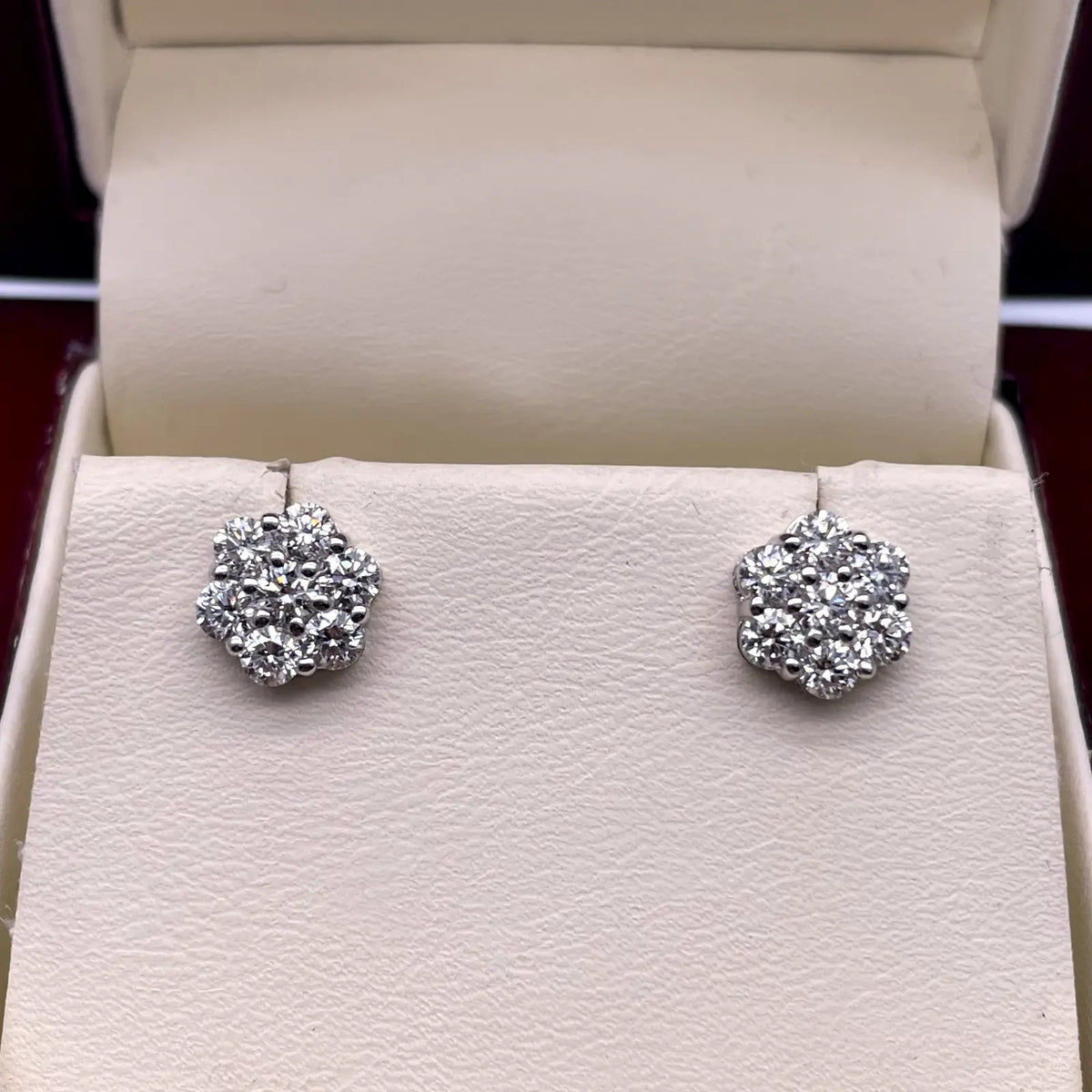 18ct White Gold 7 Stone Daisy Cluster Diamond Stud Earrings IGI Certified 1.24ct 