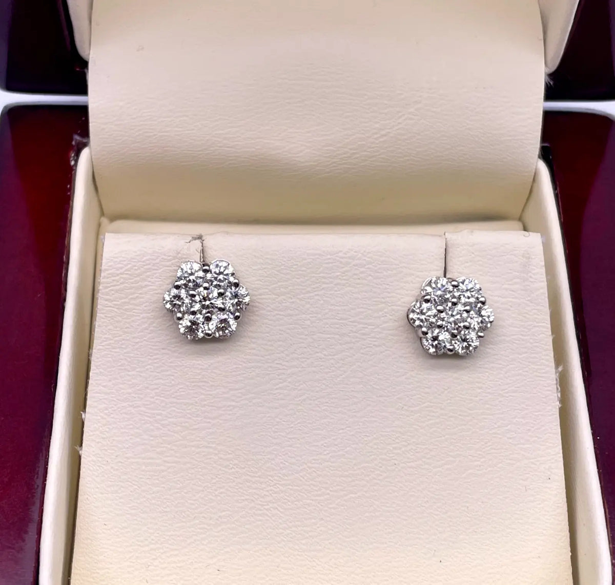 18ct White Gold 7 Stone Daisy Cluster Diamond Stud Earrings IGI Certified 1.24ct 