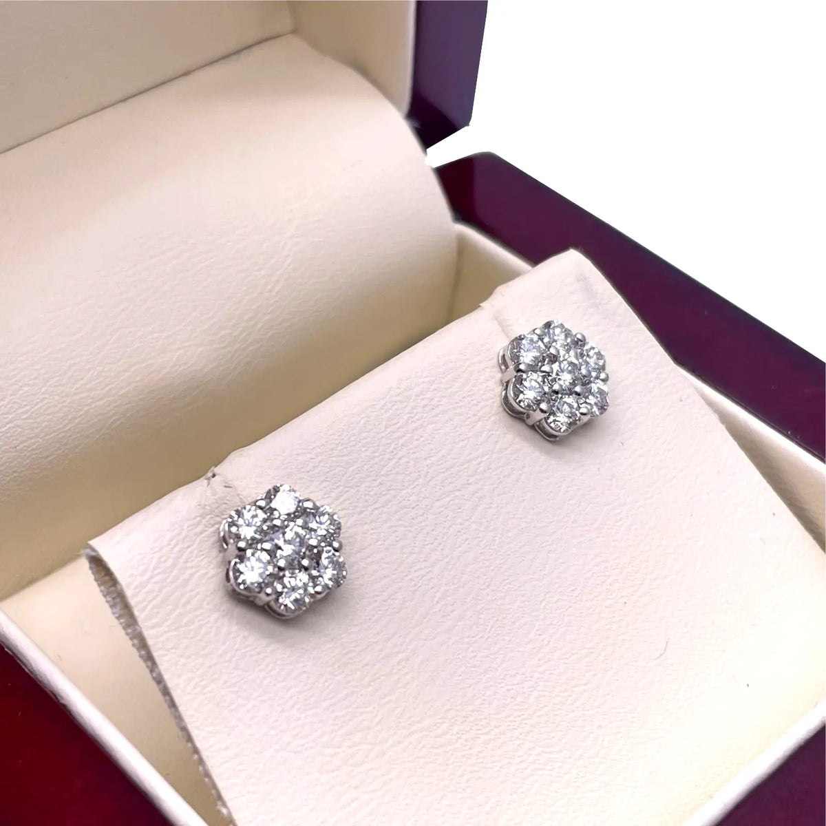 18ct White Gold 7 Stone Daisy Cluster Diamond Stud Earrings IGI Certified 1.24ct 