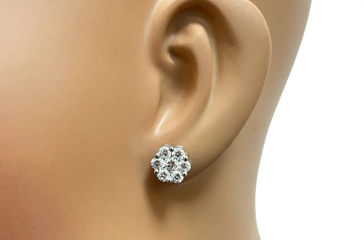 18ct White Gold 7 Stone Daisy Cluster Diamond Stud Earrings IGI Certified 2.00ct 