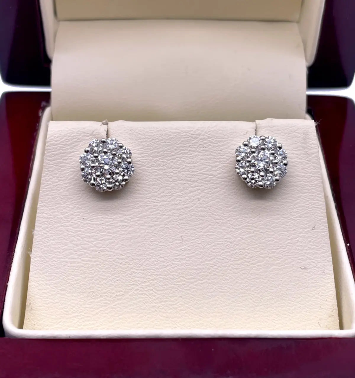 18ct White Gold 9 Stone Daisy Cluster Diamond Stud Earrings IGI Certified 1.40ct 
