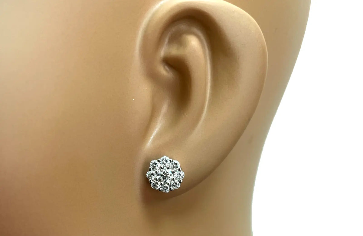 18ct White Gold 9 Stone Daisy Cluster Diamond Stud Earrings IGI Certified 1.40ct 