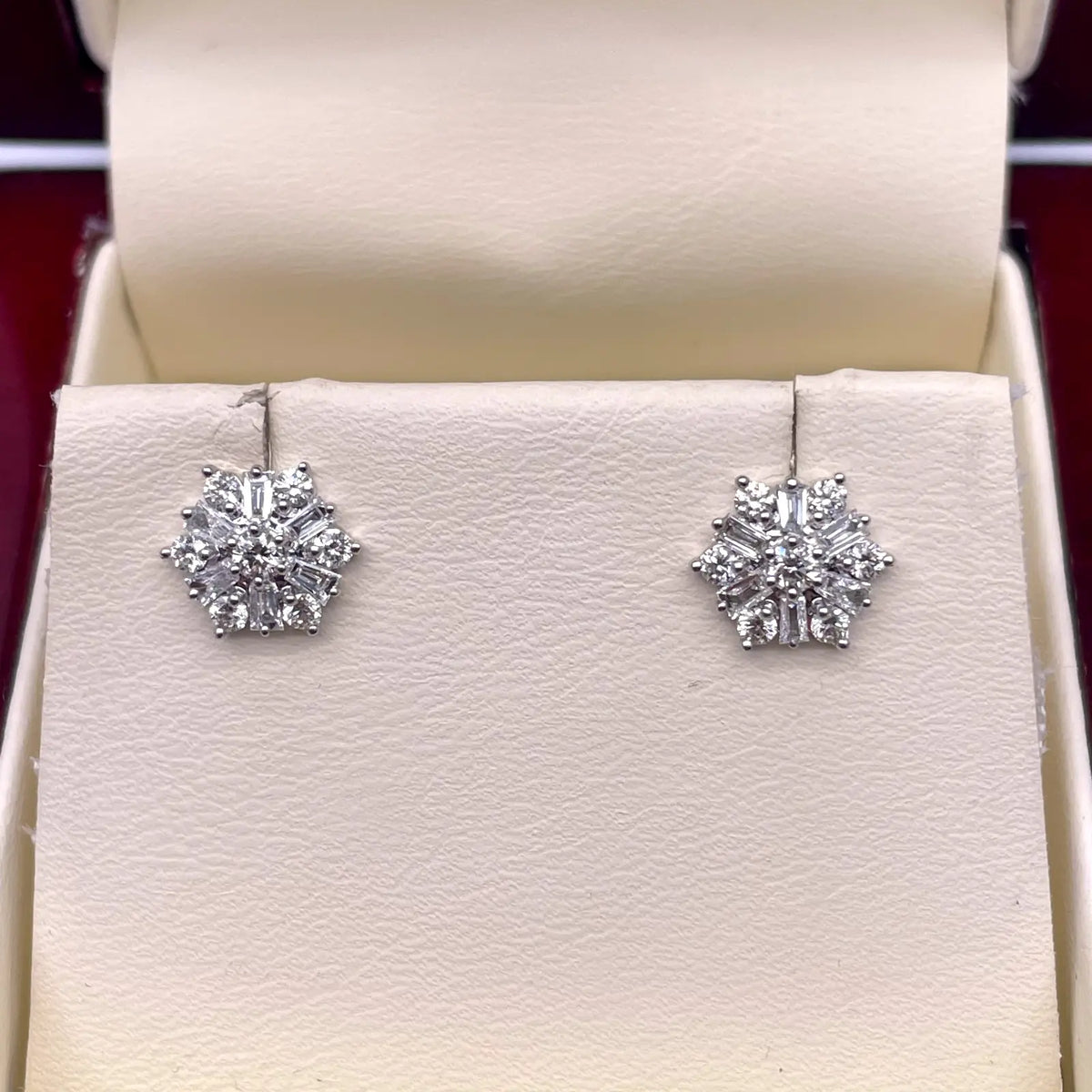 18ct White Gold Diamond Baguette Snowflake Cluster Stud Earring 9mm width,0.62ct 