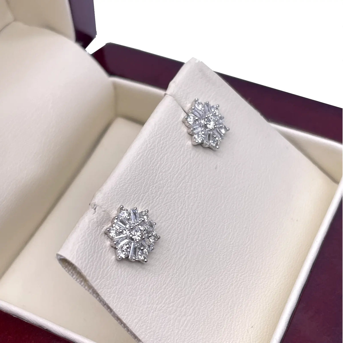 18ct White Gold Diamond Baguette Snowflake Cluster Stud Earring 9mm width,0.62ct 