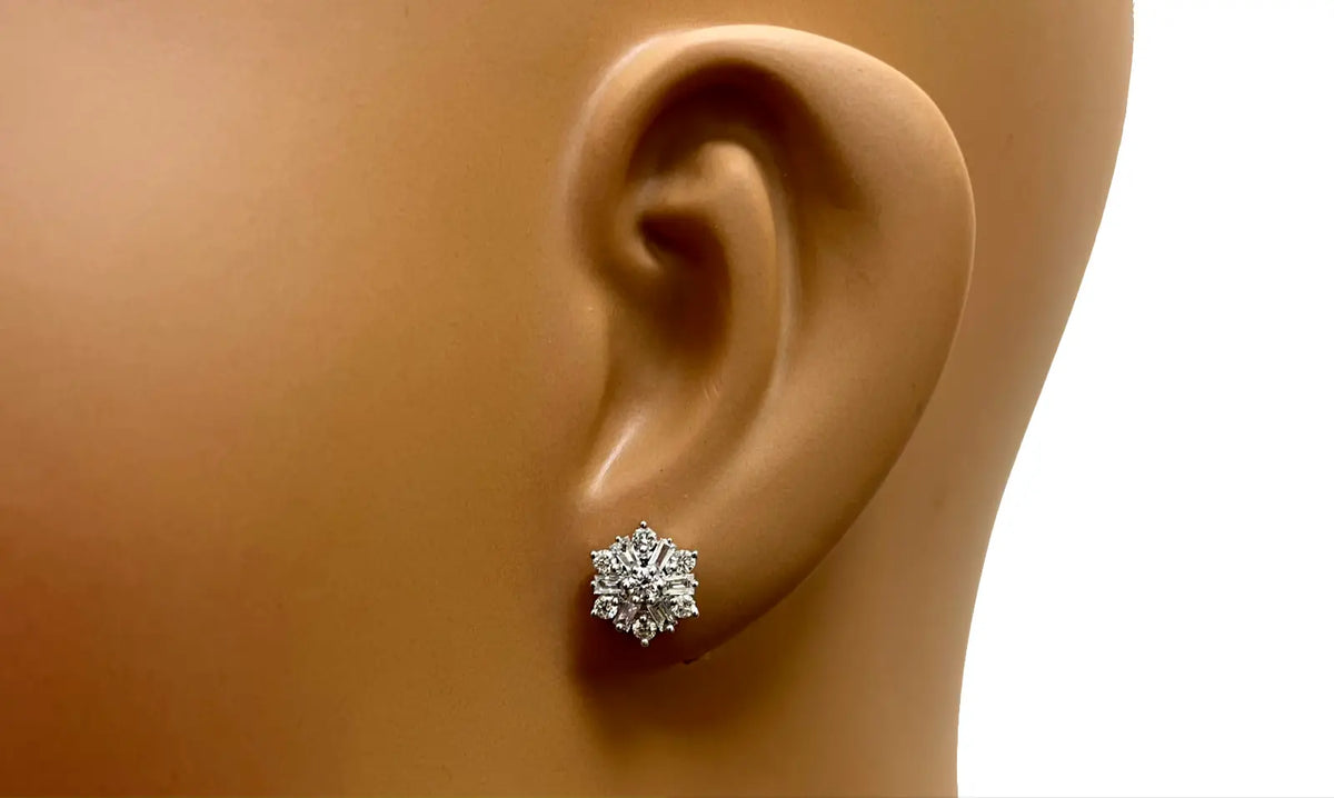 18ct White Gold Diamond Baguette Snowflake Cluster Stud Earring 9mm width,0.62ct 