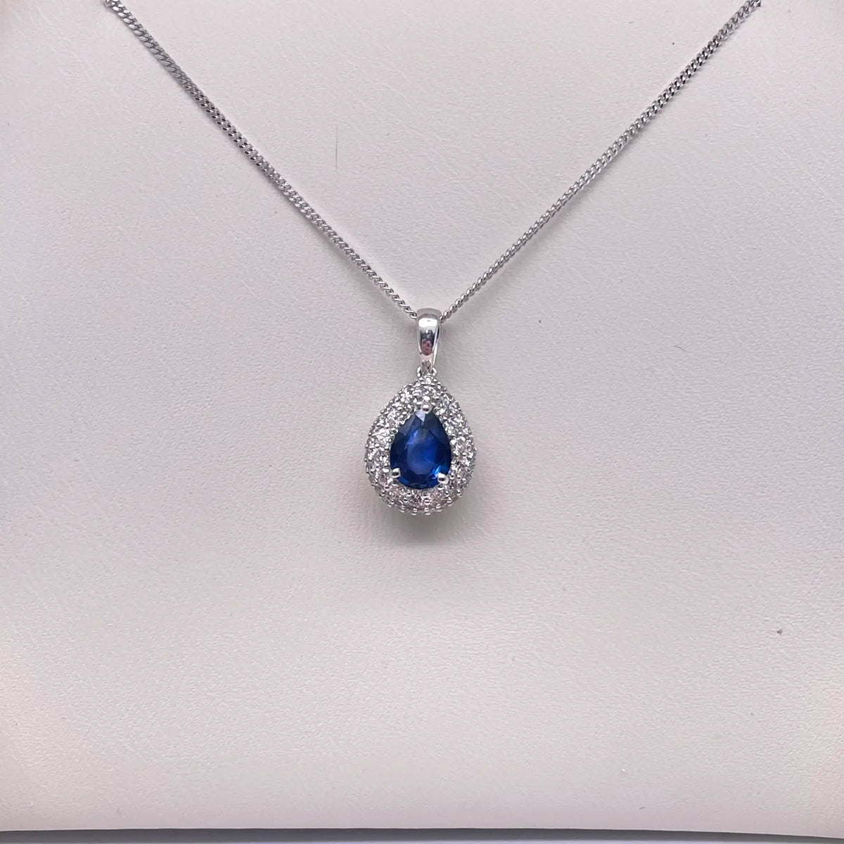 18ct White Gold Double Row Halo Diamond Blue Sapphire Pear Pendant&Chain 0.32ct 