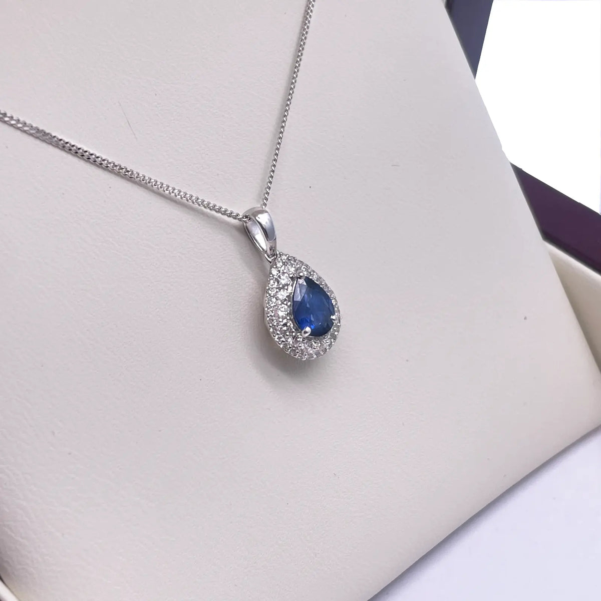 18ct White Gold Double Row Halo Diamond Blue Sapphire Pear Pendant&Chain 0.32ct 