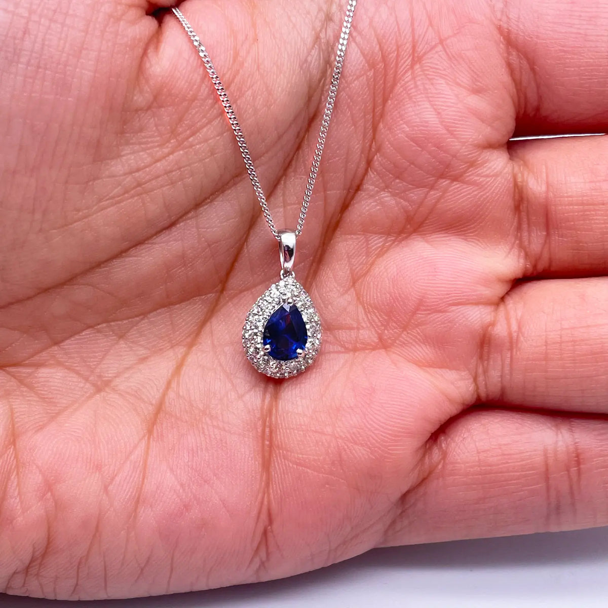 18ct White Gold Double Row Halo Diamond Blue Sapphire Pear Pendant&Chain 0.32ct 