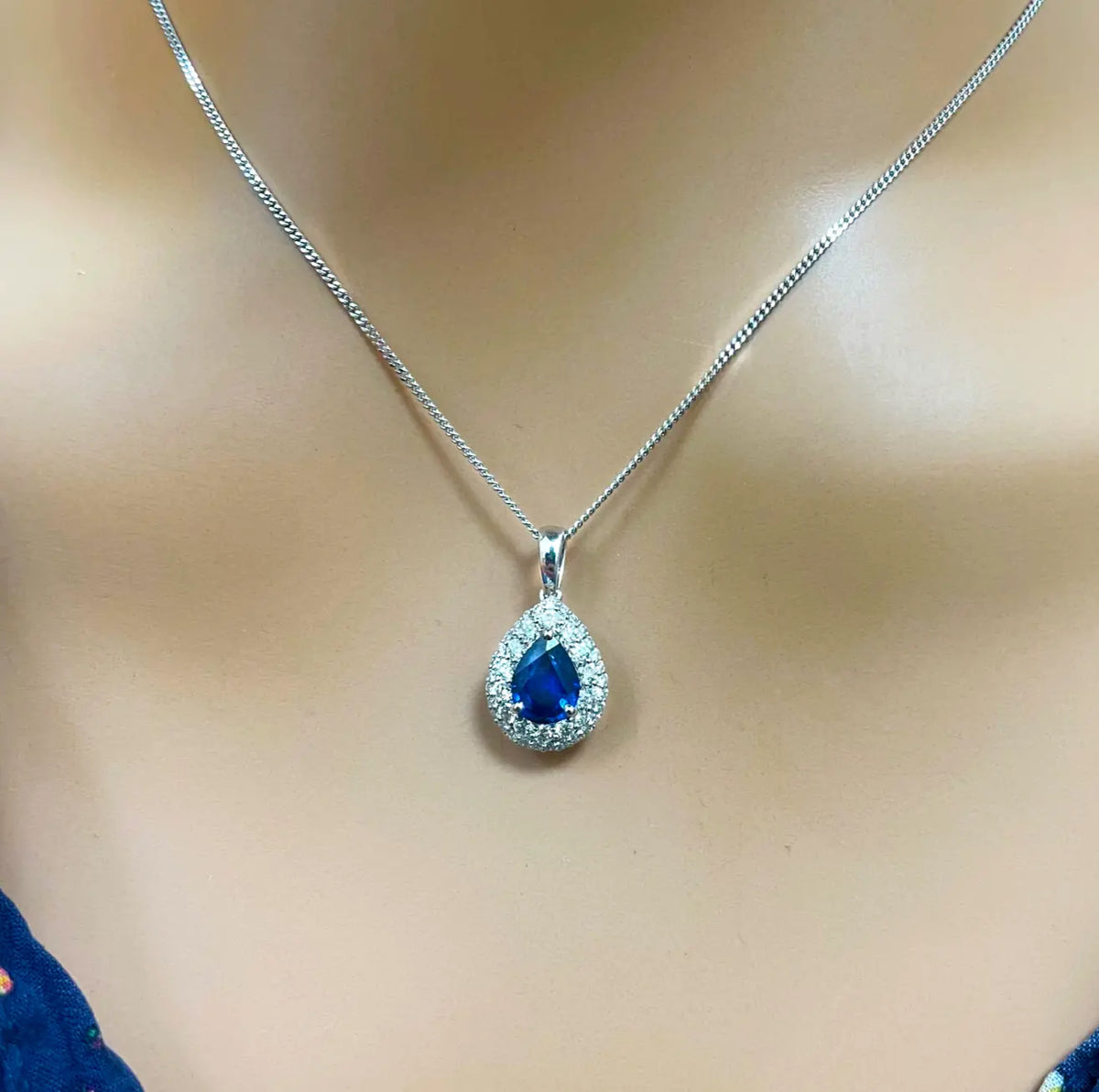 18ct White Gold Double Row Halo Diamond Blue Sapphire Pear Pendant&Chain 0.32ct 