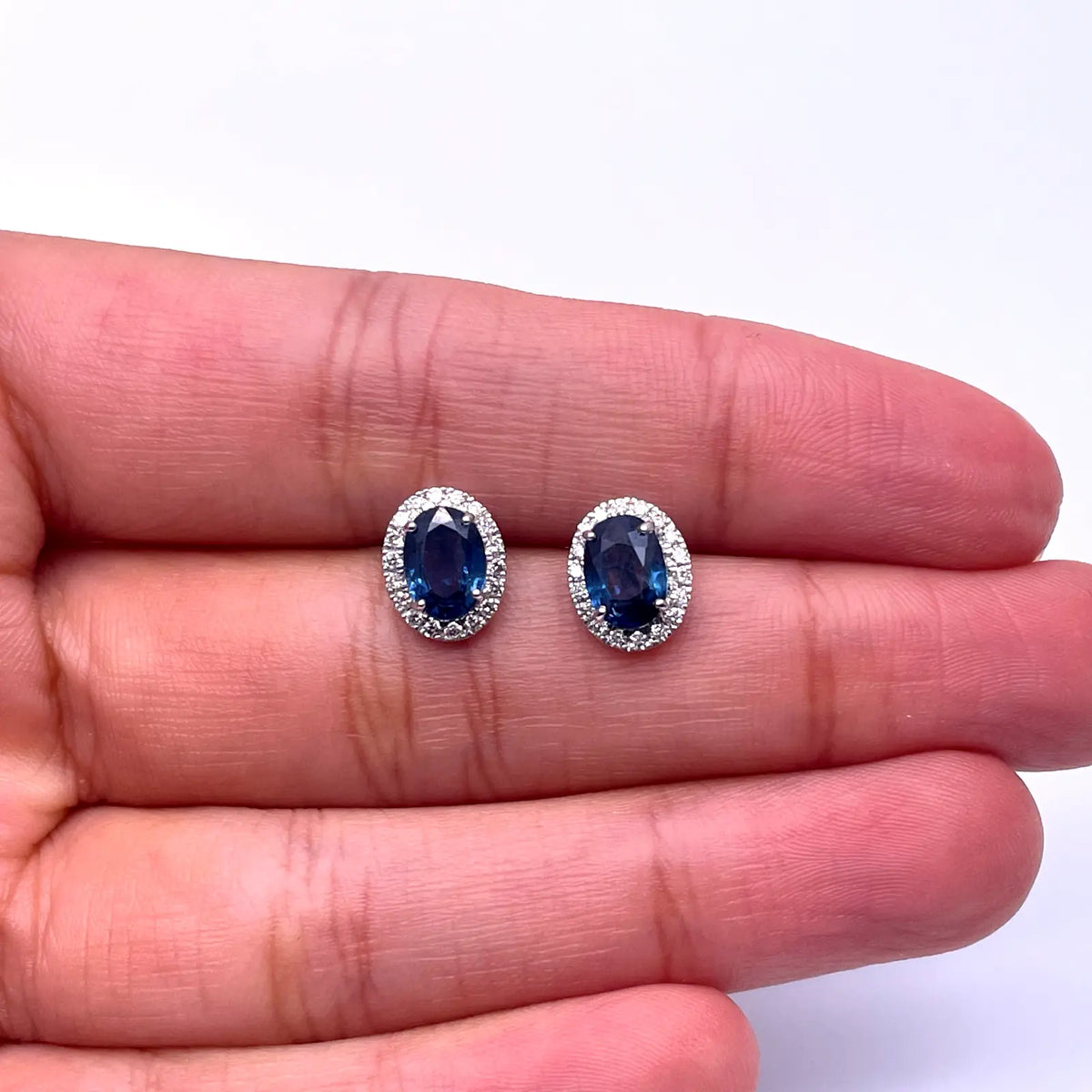 18ct White Gold Natural Oval Blue Sapphire & Diamond Cluster Earrings 0.22ct 