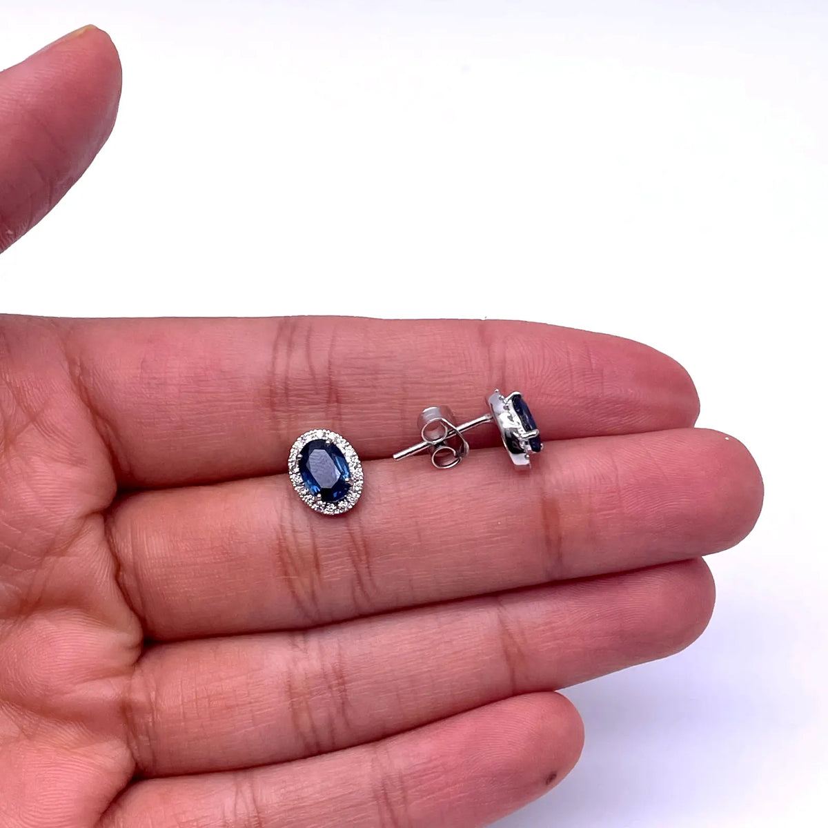 18ct White Gold Natural Oval Blue Sapphire & Diamond Cluster Earrings 0.22ct 
