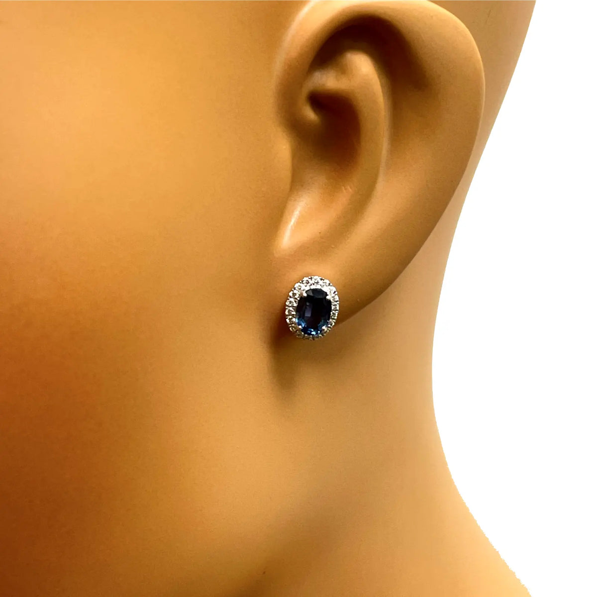 18ct White Gold Natural Oval Blue Sapphire & Diamond Cluster Earrings 0.22ct 