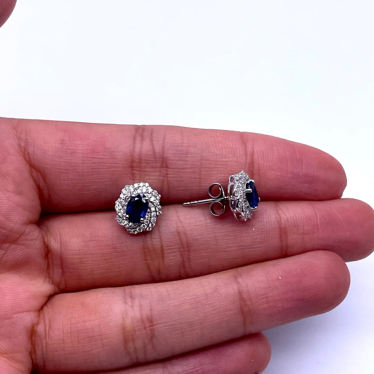 18ct White Gold Natural Oval Blue Sapphire & Diamond Cluster Earrings 0.33ct 