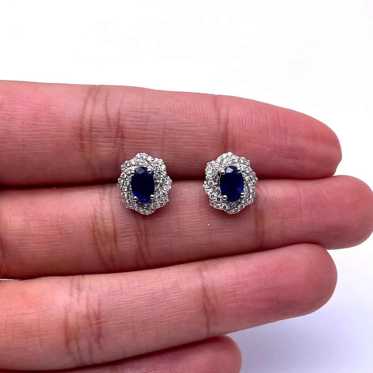 18ct White Gold Natural Oval Blue Sapphire & Diamond Cluster Earrings 0.33ct 
