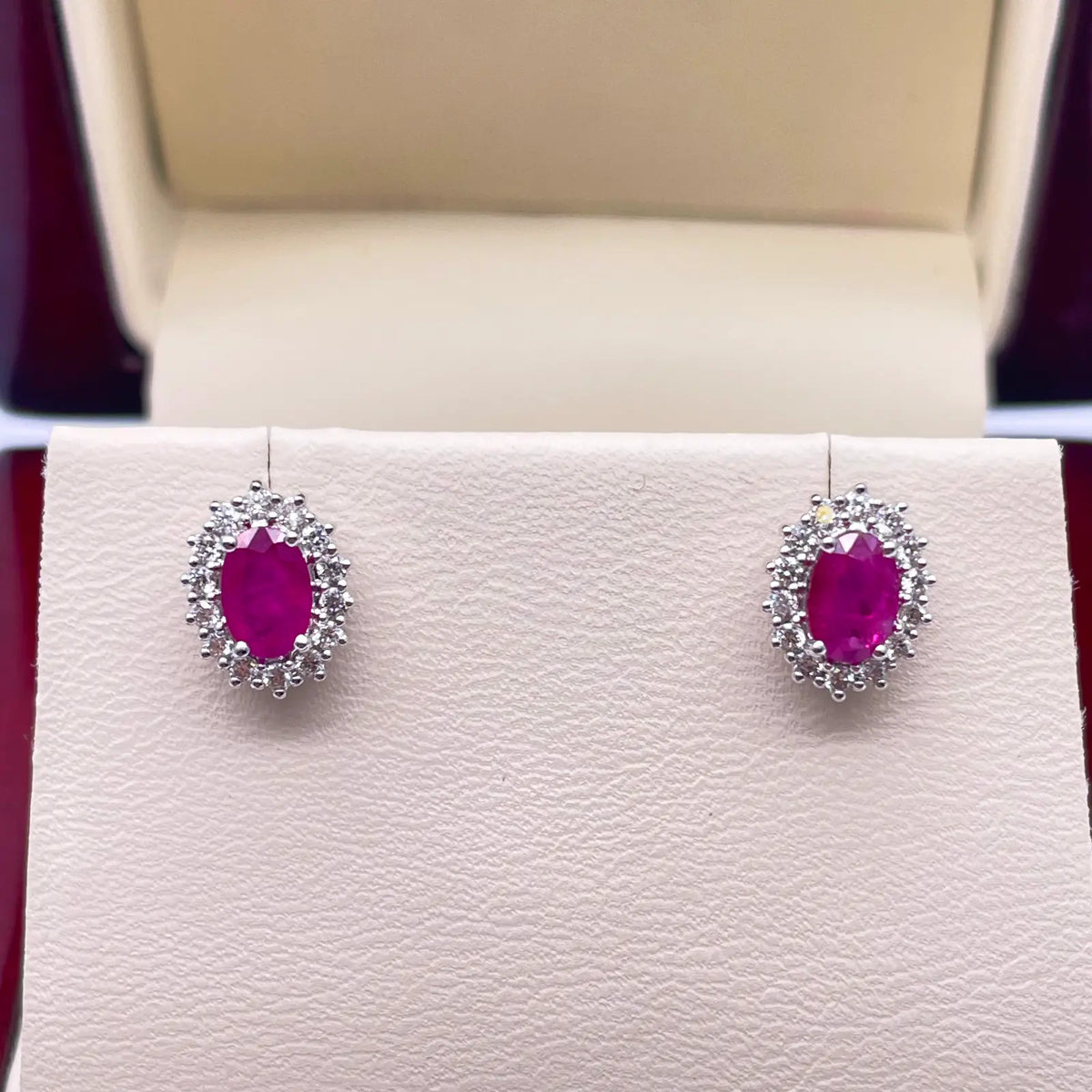 18ct White Gold Natural Red Ruby & Diamond Oval Cluster Earrings 1.13ct 