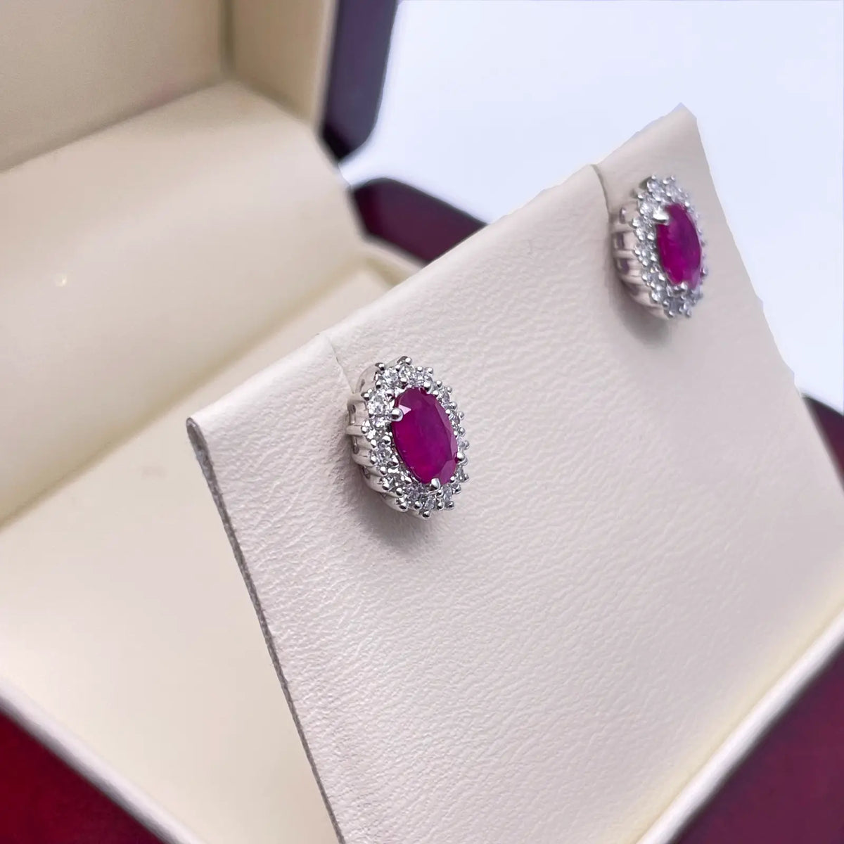 18ct White Gold Natural Red Ruby & Diamond Oval Cluster Earrings 1.13ct 