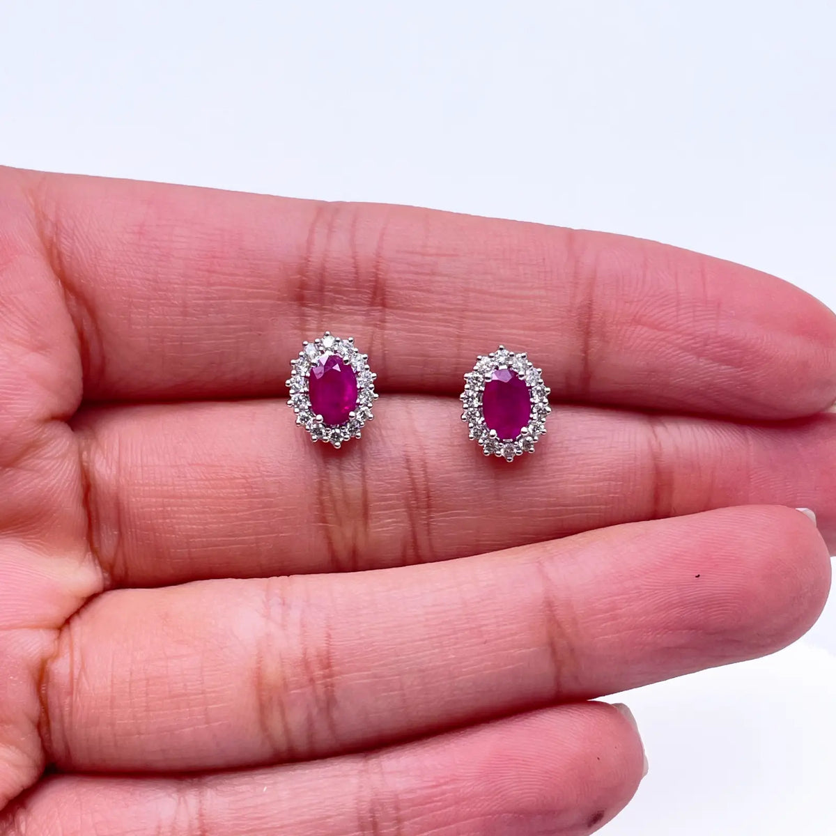 18ct White Gold Natural Red Ruby & Diamond Oval Cluster Earrings 1.13ct 