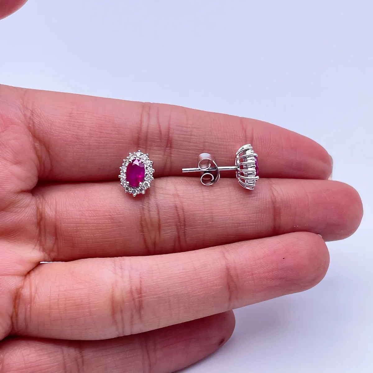 18ct White Gold Natural Red Ruby & Diamond Oval Cluster Earrings 1.13ct 