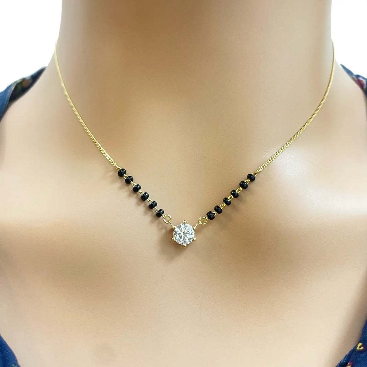 18ct Yellow Gold Lab Grown 6 Claw Diamond 0.70ct Black Beads Mangalsutra Necklace IGI Certified  Mangalsutra Chains