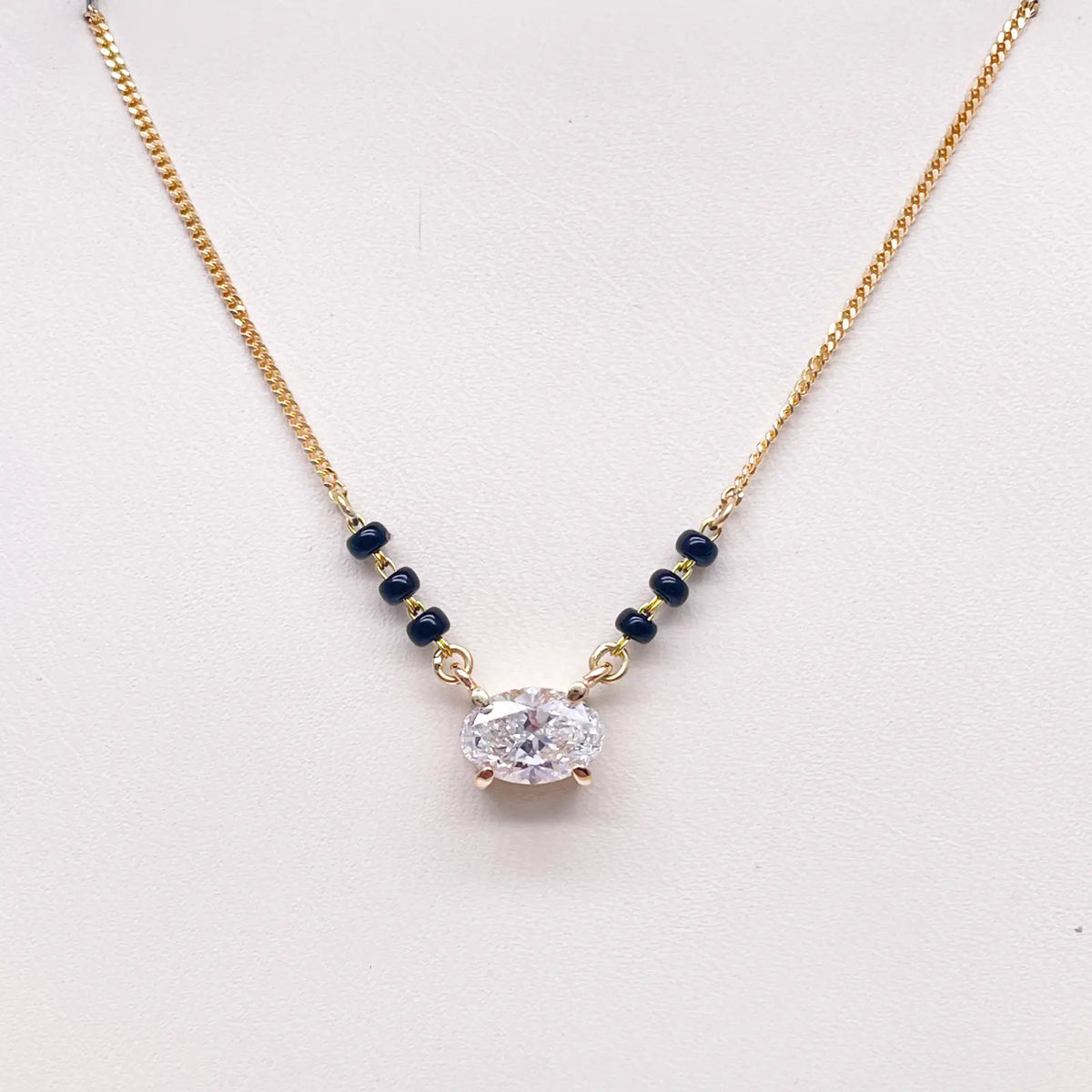 18ct Yellow Gold Lab Grown Oval Diamond 1.00ct Black Beads Mangalsutra Necklace IGI Certified 