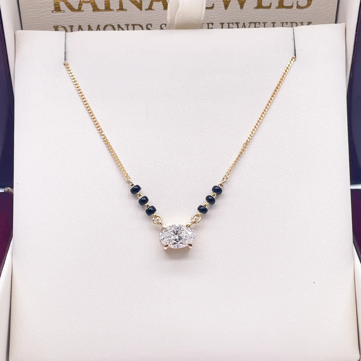 18ct Yellow Gold Lab Grown Oval Diamond 1.00ct Black Beads Mangalsutra Necklace IGI Certified 