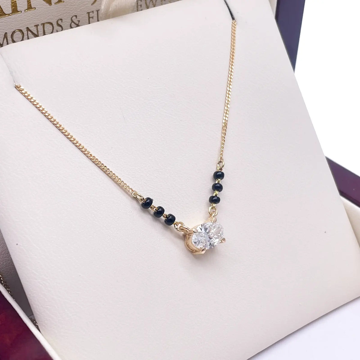 18ct Yellow Gold Lab Grown Oval Diamond 1.00ct Black Beads Mangalsutra Necklace IGI Certified 