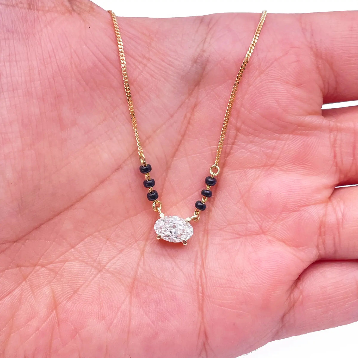 18ct Yellow Gold Lab Grown Oval Diamond 1.00ct Black Beads Mangalsutra Necklace IGI Certified 
