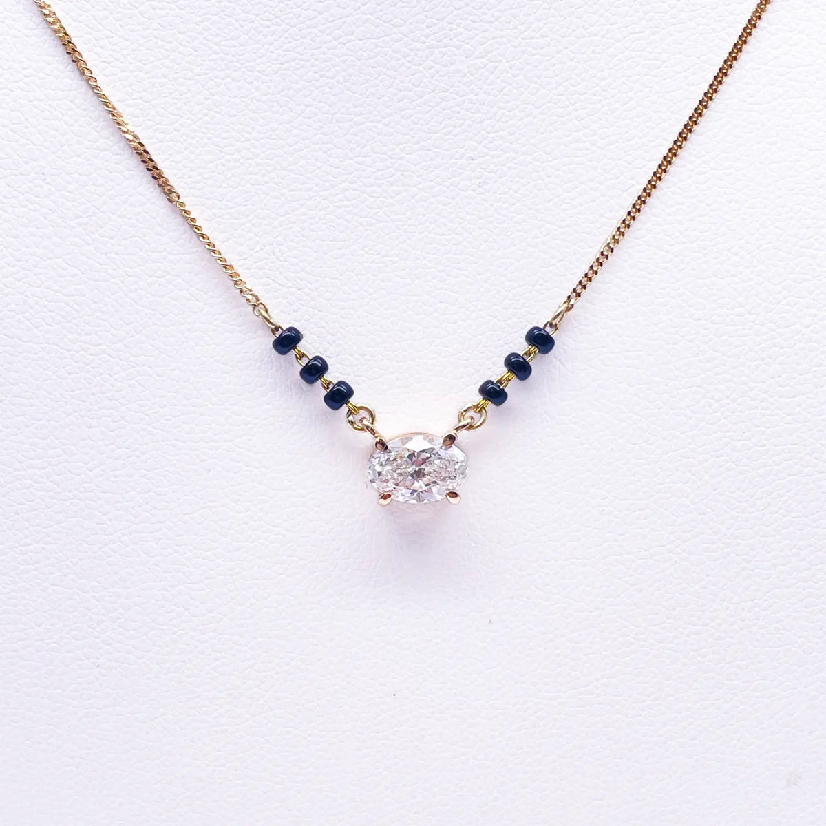 18ct Yellow Gold Lab Grown Oval Diamond 1.00ct Black Beads Mangalsutra Necklace IGI Certified 