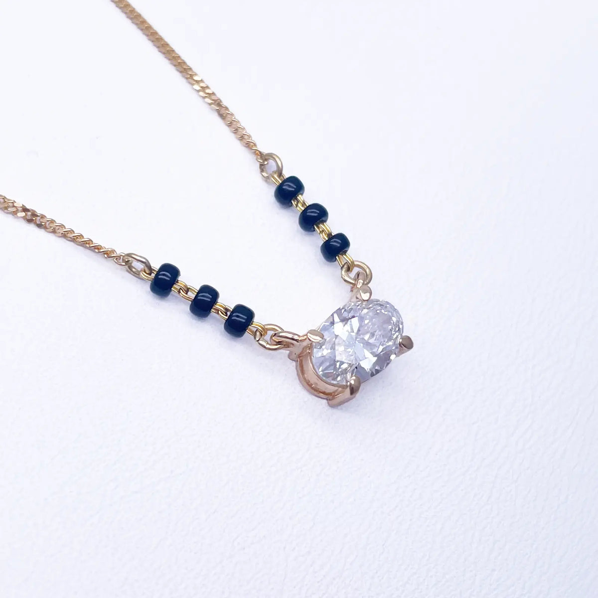 18ct Yellow Gold Lab Grown Oval Diamond 1.00ct Black Beads Mangalsutra Necklace IGI Certified 