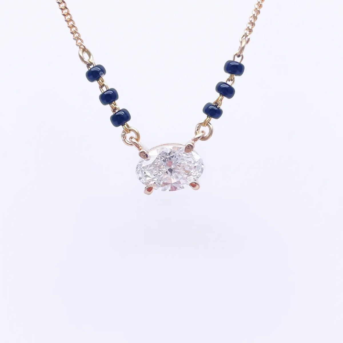 18ct Yellow Gold Lab Grown Oval Diamond 1.00ct Black Beads Mangalsutra Necklace IGI Certified 
