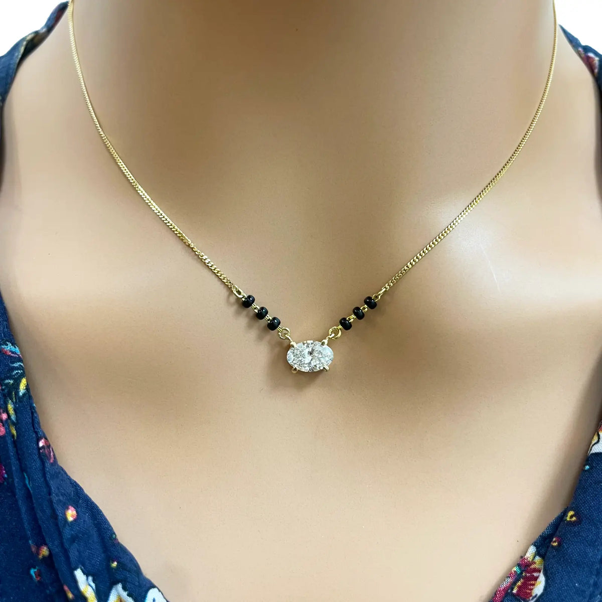 18ct Yellow Gold Lab Grown Oval Diamond 1.00ct Black Beads Mangalsutra Necklace IGI Certified 