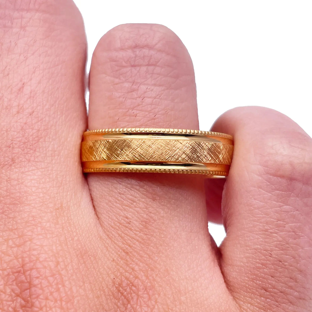 18ct Yellow Gold Mens Wedding 6mm Band Matt Middle and Grooves Milgrain Edges 