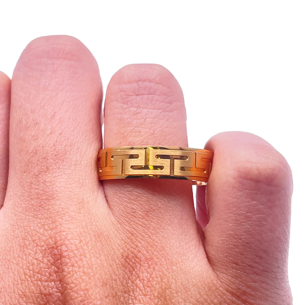 18ct Yellow Gold Mens Wedding 6mm Polished Band With Matt Greek Key Pattern 