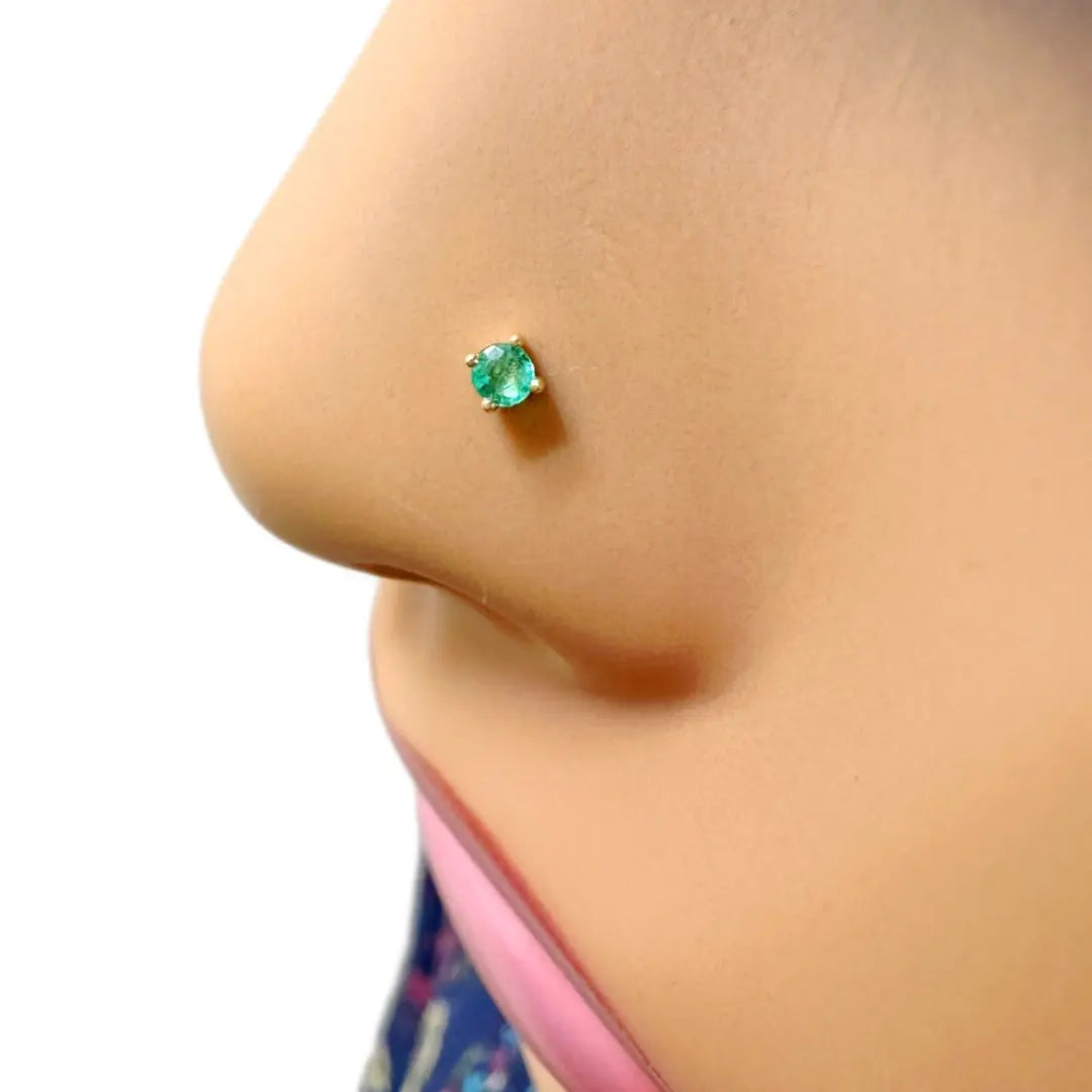18ct Yellow Gold & Green Emerald Nose Stud / Nose Pin 0.02 Carats 4-Claw 2.0 mm 