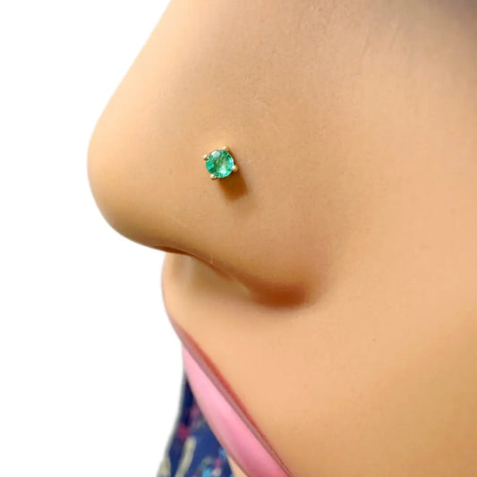 18ct Yellow Gold & Green Emerald Nose Stud / Nose Pin 0.02 Carats 4-Claw 2.0 mm 