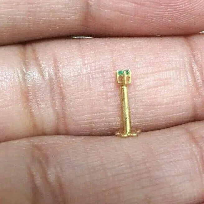 18ct Yellow Gold & Green Emerald Nose Stud / Nose Pin 0.02 Carats 4-Claw 2.0 mm 