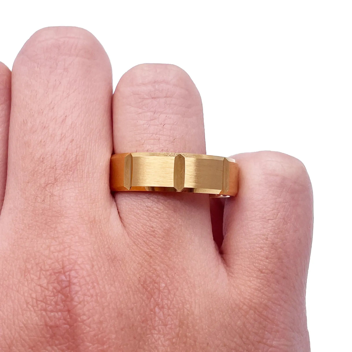 18ct Yellow Mens Wedding 6mm Band Fancy Square Matt Finish Bevelled Groove Edges 