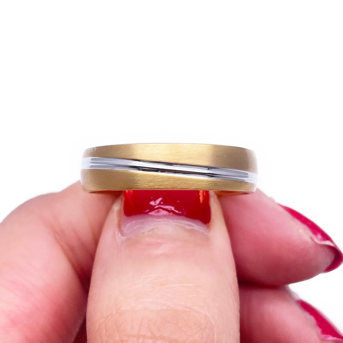 18ct Yellow/White Gold Bicolour Mens Wedding 5mm Band Double Wrapped Groove 