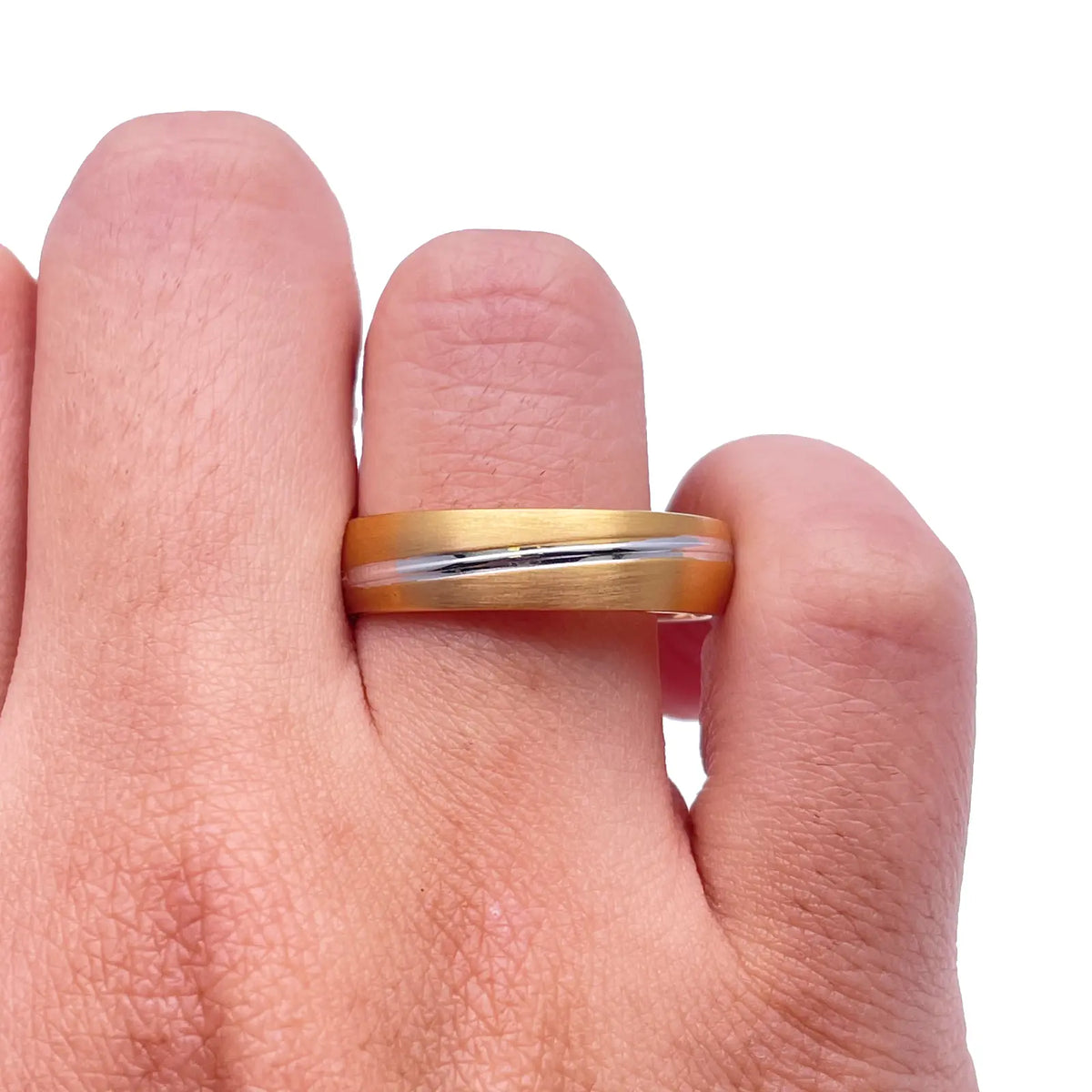 18ct Yellow/White Gold Bicolour Mens Wedding 5mm Band Double Wrapped Groove 