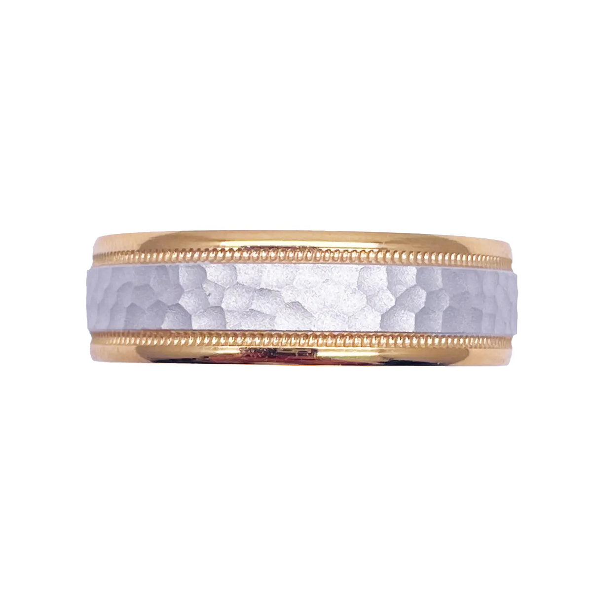 18ct Yellow/White Gold Bicolour Mens Wedding 6mm Band Hammered & Milgrain Middle 