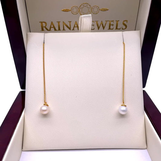 22ct Yellow Gold One Pearl Drop Earrings 3.4'' Inches 