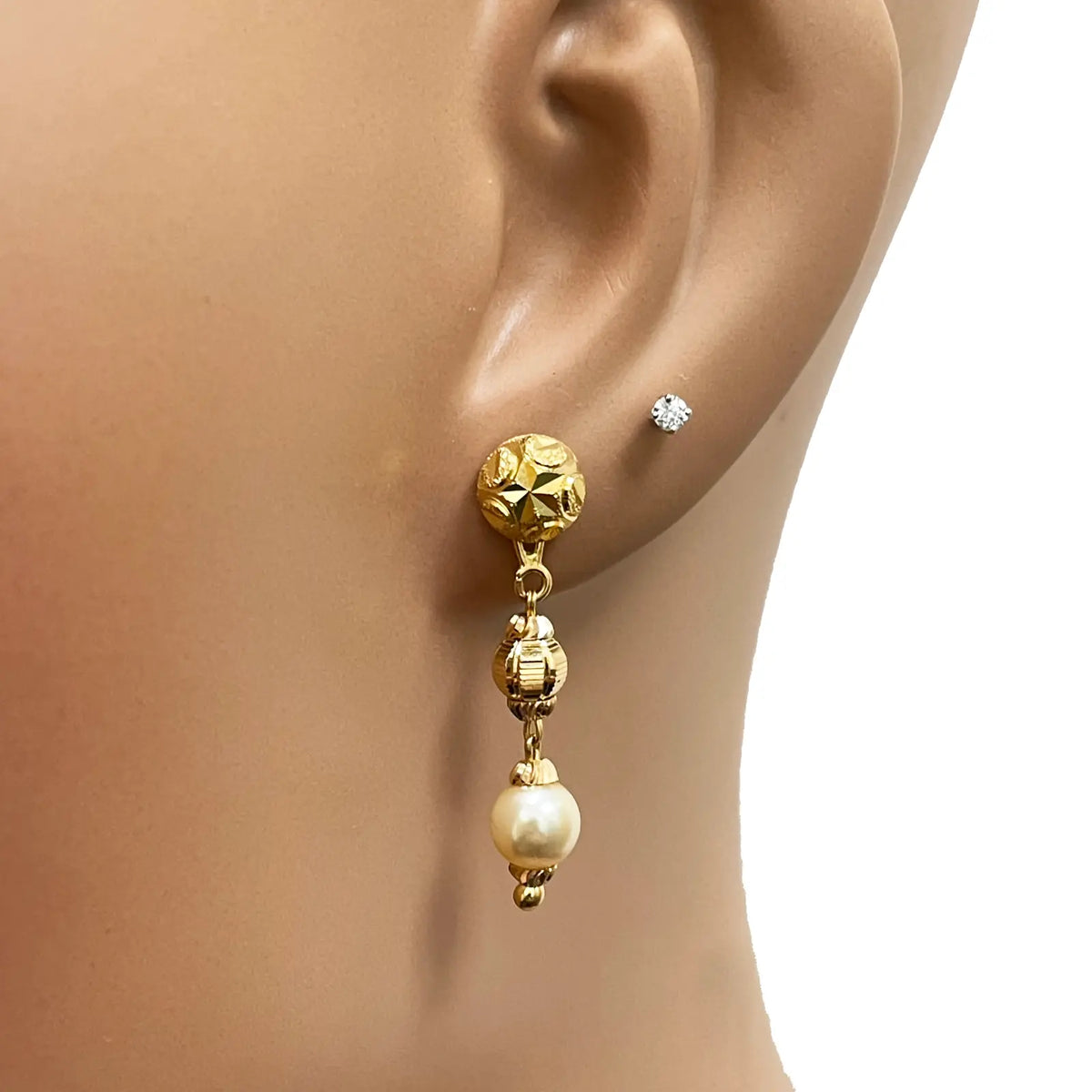 22ct Yellow Gold Pearls & Beaded Diamond Cut Ball Necklace/Earrings Set 