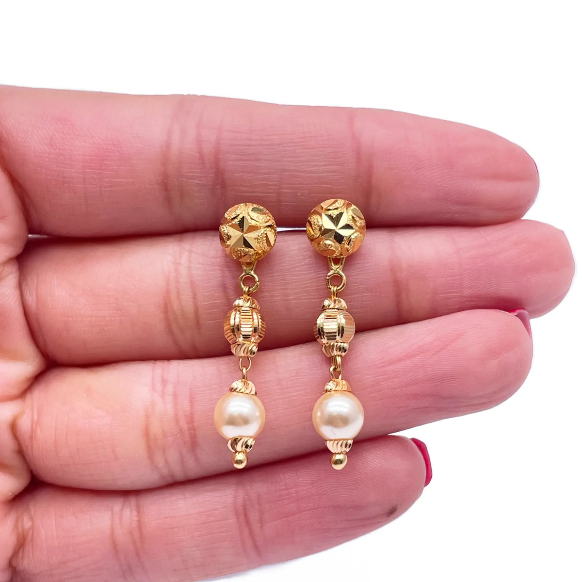 22ct Yellow Gold Pearls & Beaded Diamond Cut Ball Necklace/Earrings Set 