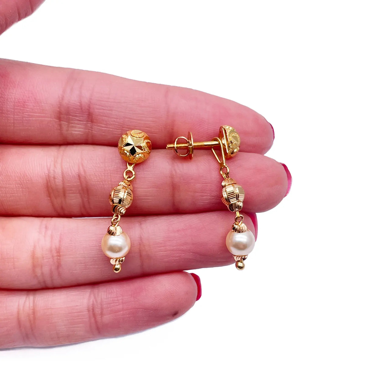 22ct Yellow Gold Pearls & Beaded Diamond Cut Ball Necklace/Earrings Set 
