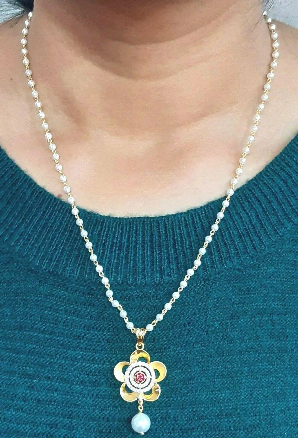 22ct Yellow Gold Swarovski Crystal Pearl With Cubic Zirconia Chain Necklace & Earrings 