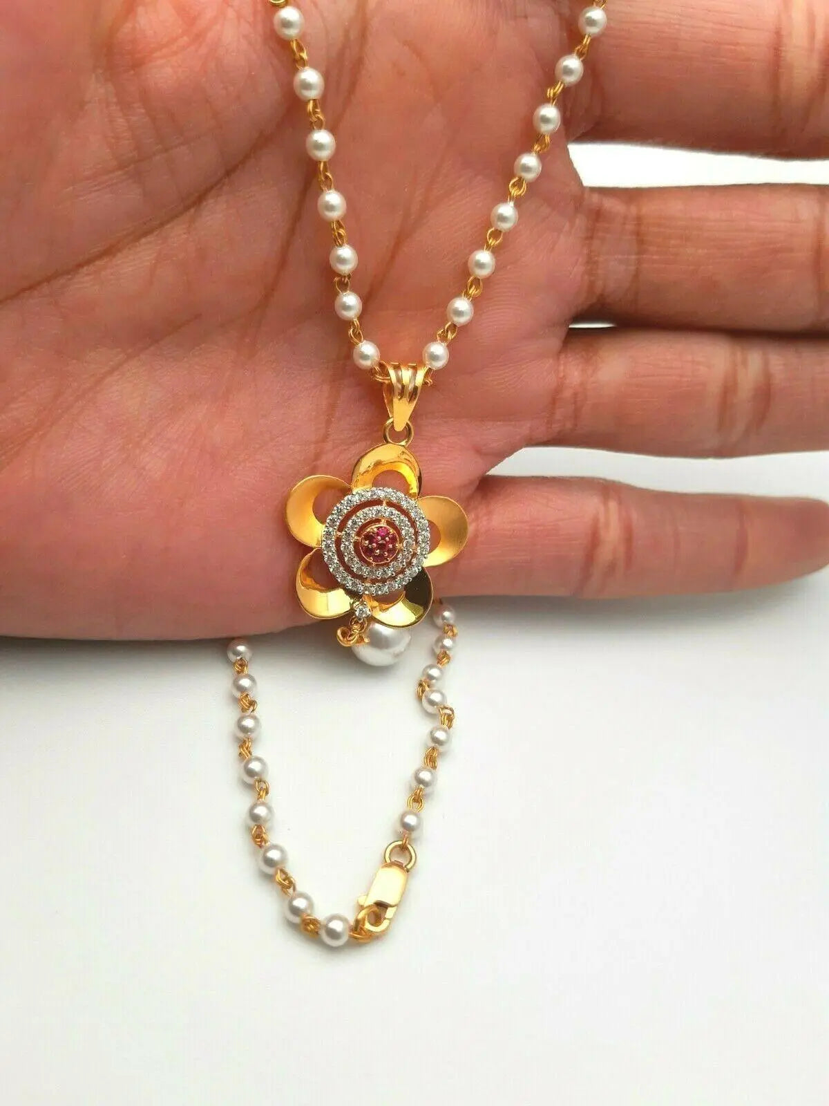 22ct Yellow Gold Swarovski Crystal Pearl With Cubic Zirconia Chain Necklace & Earrings 
